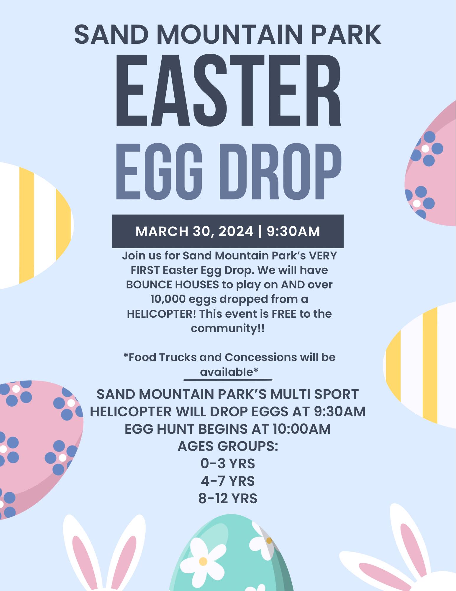 Flyer promoting an Easter egg drop at Sand Mountain Park in Albertville March 30th, 2024